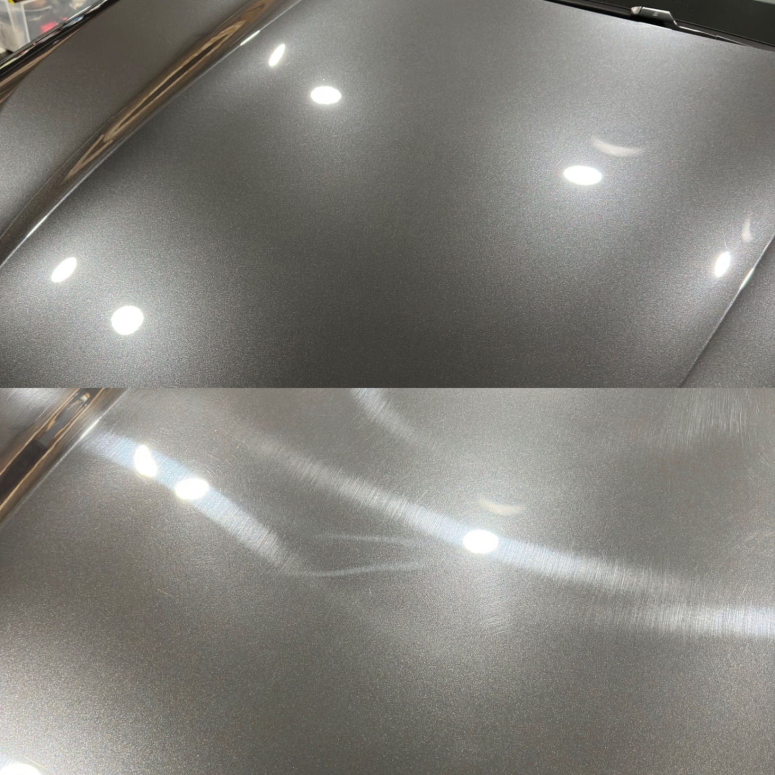 Before and after paint correction on metallic grey hood — swirls removed, deep gloss restored
